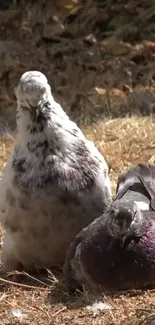 Two pigeons resting on a sunlit, earthy ground.