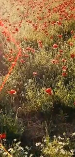 Vibrant poppy field with green grass and red flowers under gentle sunlight.