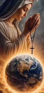 Woman praying above the glowing Earth, surrounded by clouds.