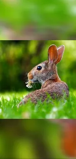 Rabbit peacefully sitting in lush green grass, perfect for nature-themed wallpaper.