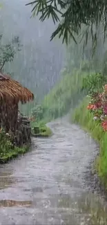 Serene forest pathway with cottage on a rainy day.