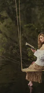 Woman reading on a swing by a tranquil lake.