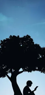 Silhouette of a reader under a tree at twilight.