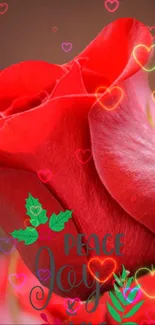 Red rose wallpaper with peace and joy text, featuring colorful hearts.