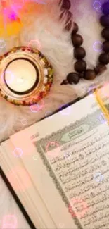 Serene mobile wallpaper with book and candle on fluffy background.