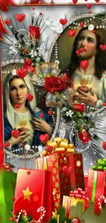 Festive religious Christmas wallpaper with iconic figures and vibrant hearts.