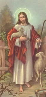 Religious figure holding lamb in serene nature scene.