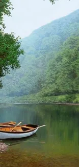 Tranquil river with boats and lush green forest scenery.