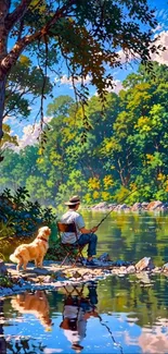 A person and dog fishing by a tranquil river surrounded by lush trees.