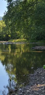 Tranquil river scene with lush green scenery and reflections.