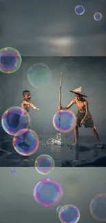 Children playing by the river with bubbles in a serene setting.