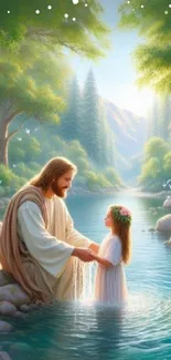 Serene baptism scene in tranquil river setting with nature.