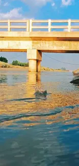 Serene river flowing under a bridge with a clear blue sky.