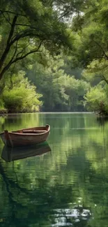 Tranquil river scene with a wooden boat and lush greenery.