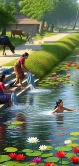 Women washing clothes by a lotus-filled river in a peaceful village setting.