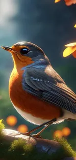 A robin perched on a branch with bright orange autumn leaves.