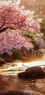 Serene waterfall with pink sakura blossoms in a lush landscape.