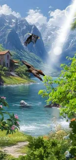 Serene mountain lake with eagles and greenery under blue skies.