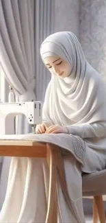 Peaceful woman sewing beside a window, serene art.