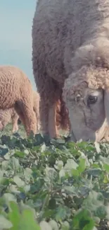 Sheep peacefully grazing in a lush green pasture under a clear sky.