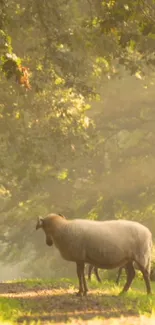 A sheep stands peacefully on a forest path basking in sunlight.