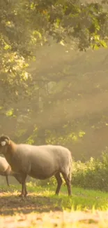 Sheep grazing peacefully in a sunlit forest.