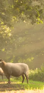 Sheep grazing peacefully in soft morning light amidst greenery.