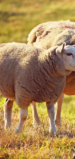 Two sheep peacefully grazing in a sunlit field.