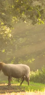 Sheep standing in sunlit forest clearing.