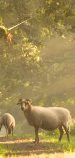 Sheep in a sunlit meadow with green foliage creating a tranquil scene.