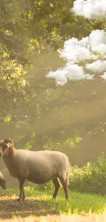 Sheep grazing in a sunlit green meadow with clouds overhead.