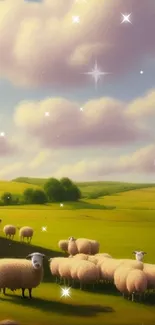 Serene landscape with fluffy sheep on lush green hills under a pastel sky.