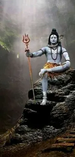 Shiva meditating on rock in forest, with sunlight streaming through trees.