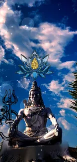 Shiva statue under a vibrant sky with lotus decoration.