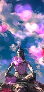 Statue of Shiva sitting peacefully under a vibrant blue sky with clouds.