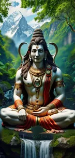 Lord Shiva meditating amidst a lush forest and waterfalls with mountains in the background.