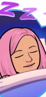 Cartoon character with pink hair sleeps peacefully on blue background.