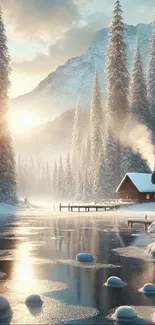 Snowy cabin by mountain lake in winter.