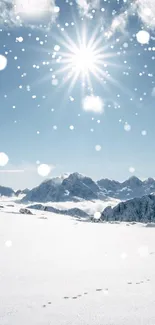 Serene snowy mountain landscape with sunburst and gentle snowfall.