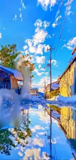 Serene street scene with vibrant reflections on a sunny day.