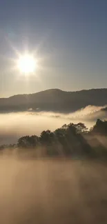 Peaceful sunrise over misty hills under a clear sky.