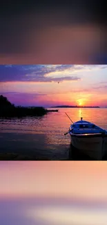 Sunset over calm water with a boat, creating a serene and colorful scenery.