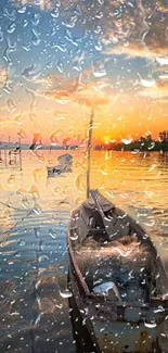 Boat on serene lake with raindrop effect during sunset.