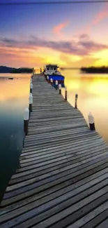 Serene dock at sunset with vibrant colors and tranquil water reflection.