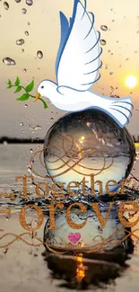 Serene sunset with a reflective water drop and dove symbolizing togetherness.