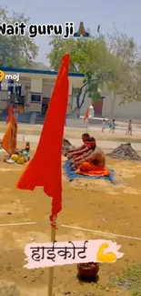 Serene temple courtyard with orange flags and a peaceful ambiance.