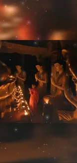 Buddhist statues and child in candlelit temple, creating a serene ambiance.