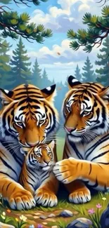 Illustration of tiger family in forest setting.