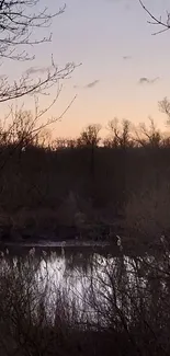 Serene twilight lakeside scene with sunset and silhouetted trees.