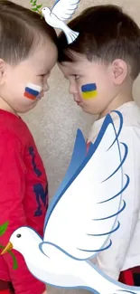 Children with painted flags and doves symbolizing peace.